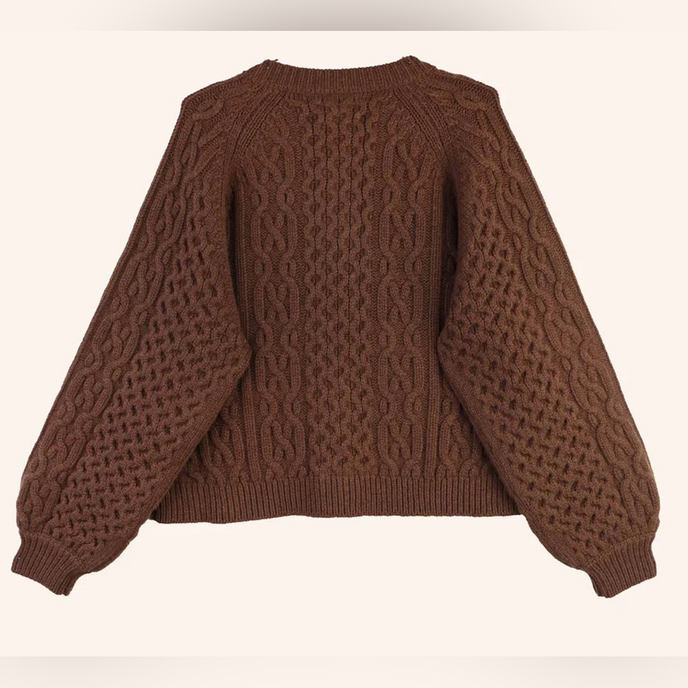 Meadows Quince Thick Cable Knit 100% Wool Cardigan Size US 6 Chocolate Brown - Picture 4 of 10
